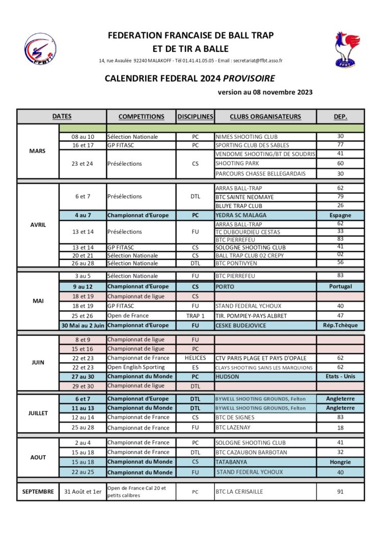 Calendrier des Compétitions F.F.B.T. 2024